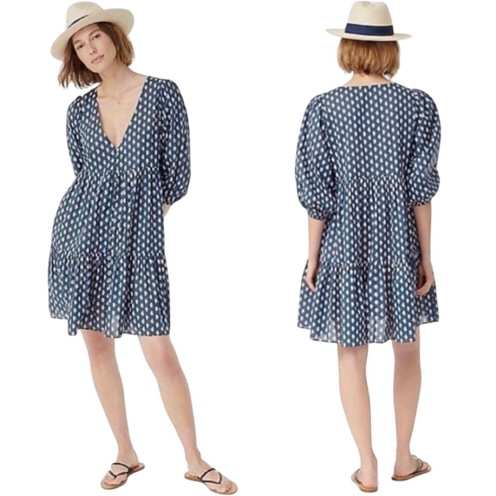 J.Crew Tiered Cotton Voile Beach Dress in Best Buds Navy Blue Pink Floral Large